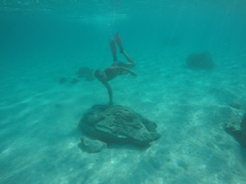 Tommy dyker på Tiilis statyer under vattnet